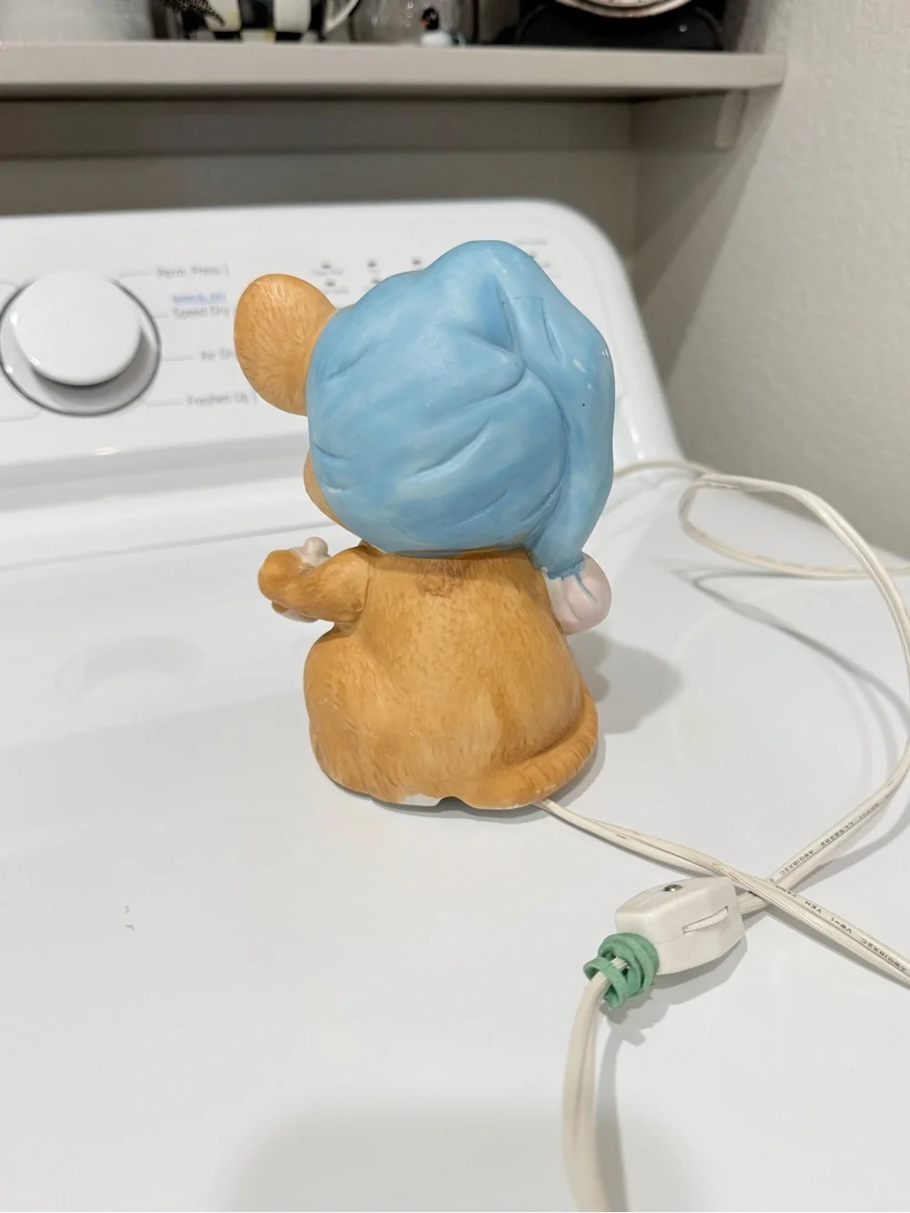 Vintage Porcelain Sleepy Mouse Night Light – Nursery Lamp with Blue Hat